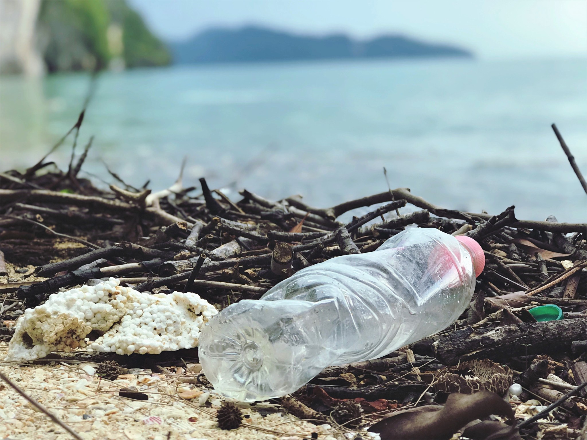 An empty discarded plastic bottle littering a pristine natural beach environment.